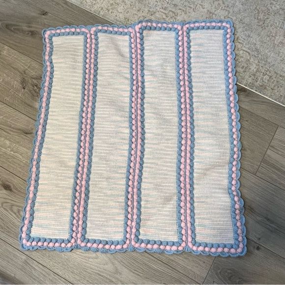 Hand Knitted Baby Blanket Blue and pink scalloped hem and pom pom edges. - Picture 3 of 6